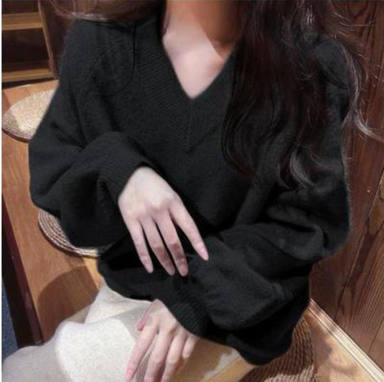 Damen Grobstrickpullover mit tiefem V-Ausschnitt und voluminösen Ärmeln EB