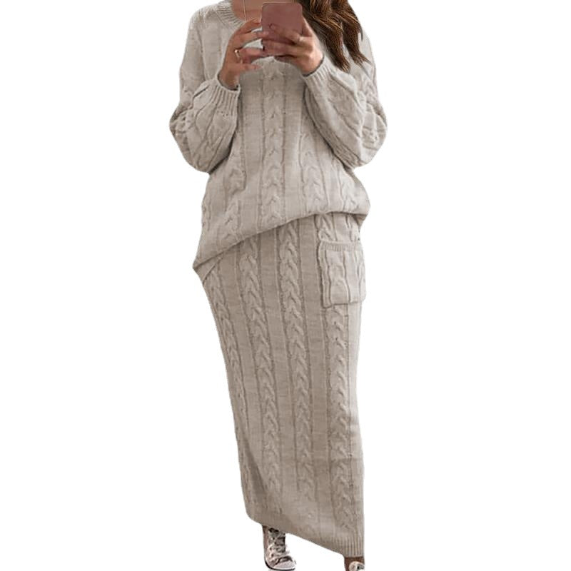 Damen nan Strickset Oversized Zopfmuster-Pullover und Maxi-Bleistiftrock mit aufgesetzter Tasche EB