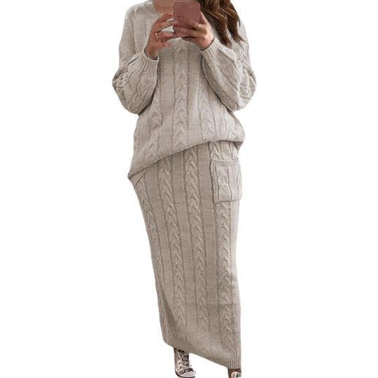 Damen nan Strickset Oversized Zopfmuster-Pullover und Maxi-Bleistiftrock mit aufgesetzter Tasche EB