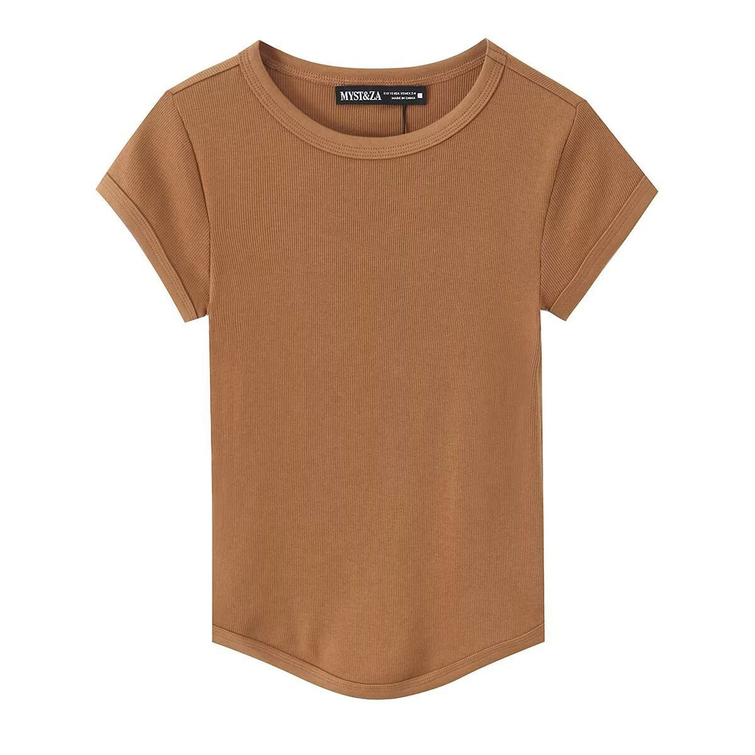 Damen hochwertiges, figurbetontes Basic-T-Shirt mit feiner Rippstruktur EB