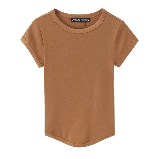 Damen hochwertiges, figurbetontes Basic-T-Shirt mit feiner Rippstruktur EB