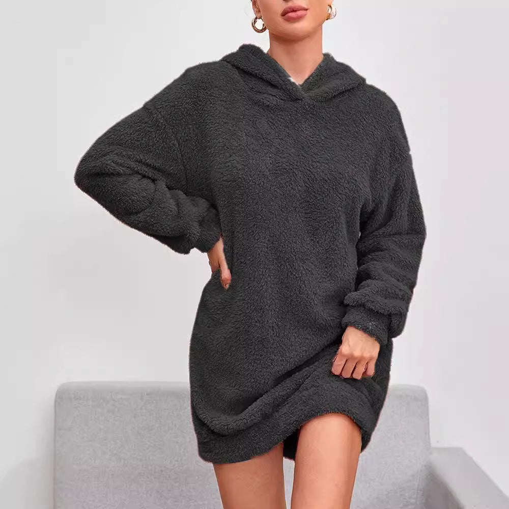 Damen Flauschiger Hoodie-Kleid mit Kapuze und praktischen Taschen EB