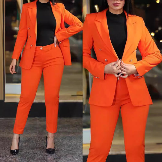 Damen nan tailliertes Business-Hosenanzug-Set mit doppelreihigem Reversblazer und schmal zulaufender Bundhose EB