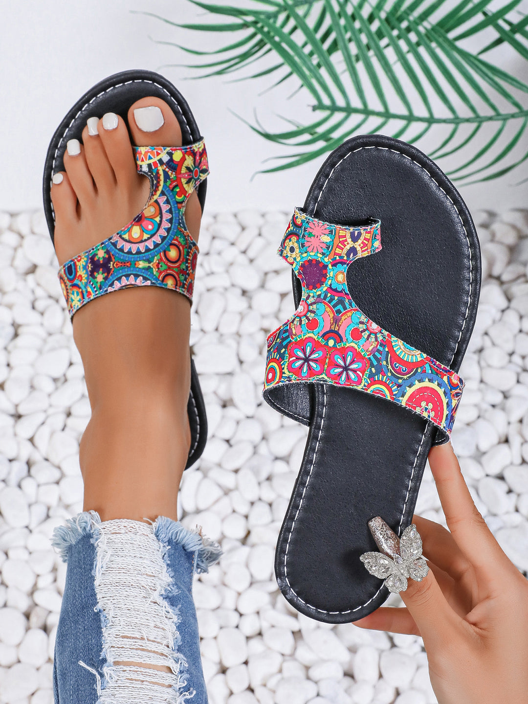 Damen Riemchen-Pantoletten mit buntem Design und komfortabler Sohle EB