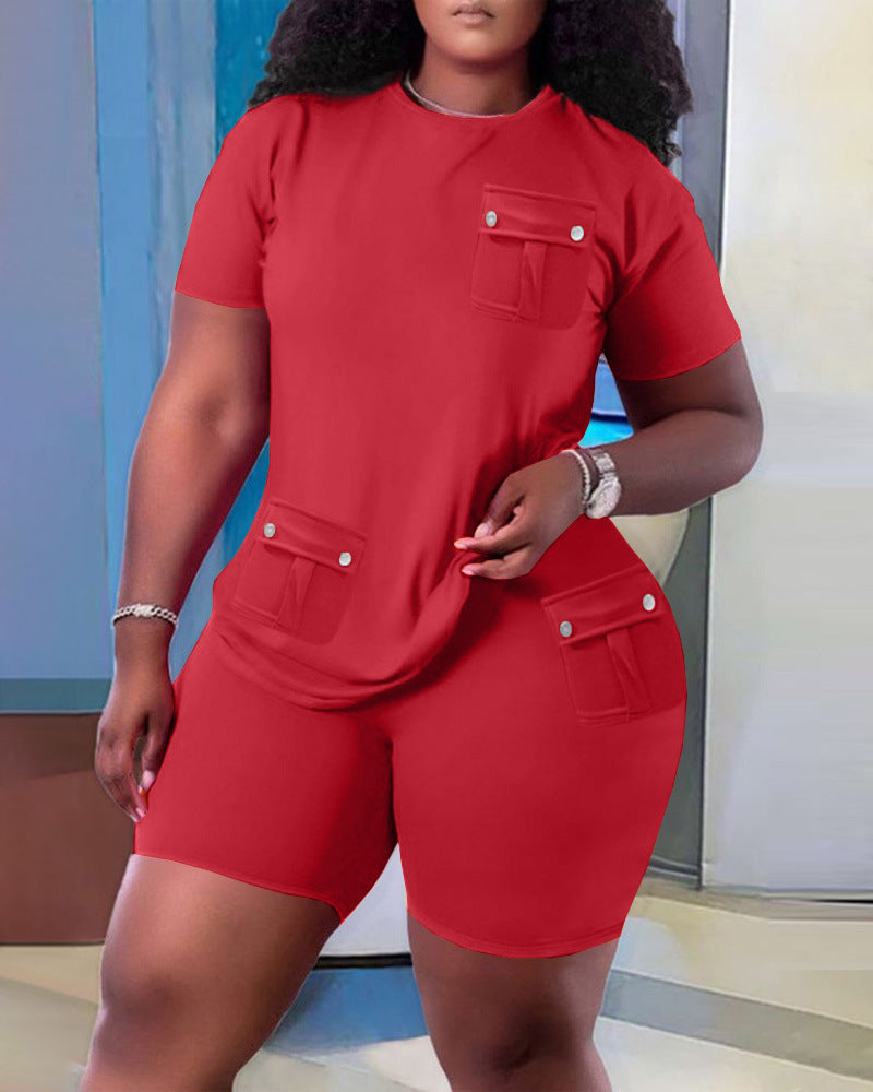 Damen Sportliches Oberteil und Shorts Set mit praktischen Taschen EB