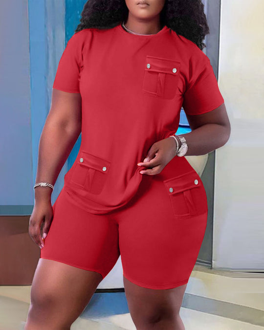 Damen Sportliches Oberteil und Shorts Set mit praktischen Taschen EB