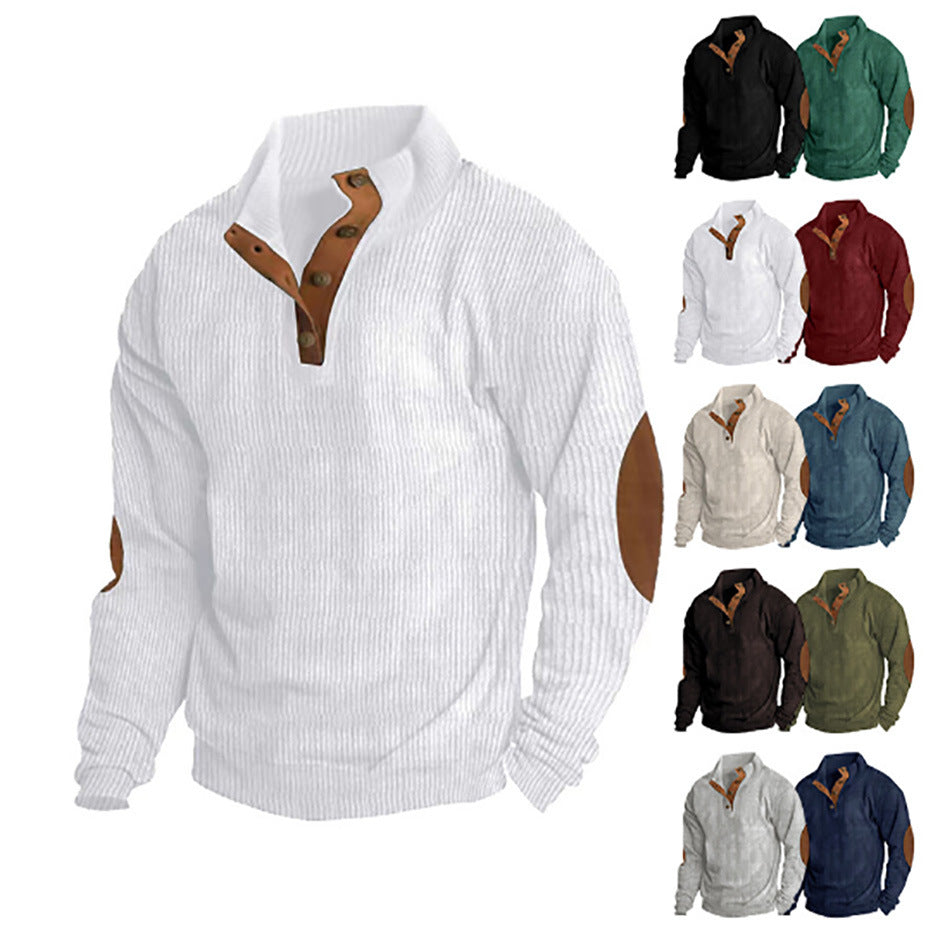 Herren nan grober Rippstrick-Pullover mit Stehkragen, Knopfleiste und markanten Ellenbogenpatches EB