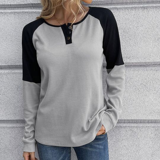 Damen lässiges Henley-Shirt aus Waffelstoff mit kontrastierenden Ärmel-Design EB