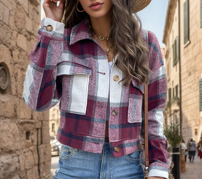 Damen Karierte Baumwolljacke mit modischem Schnitt und Taschen EB