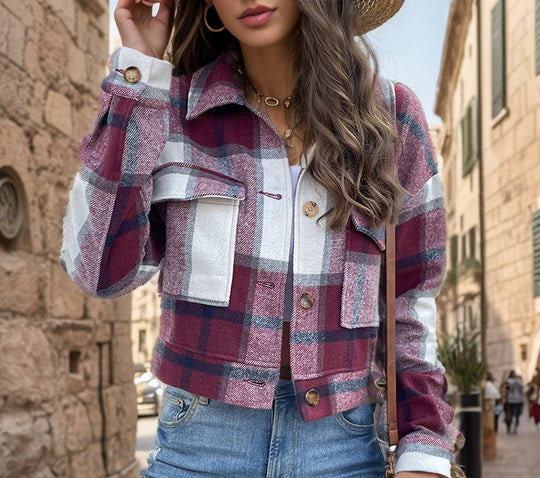 Damen Karierte Baumwolljacke mit modischem Schnitt und Taschen EB