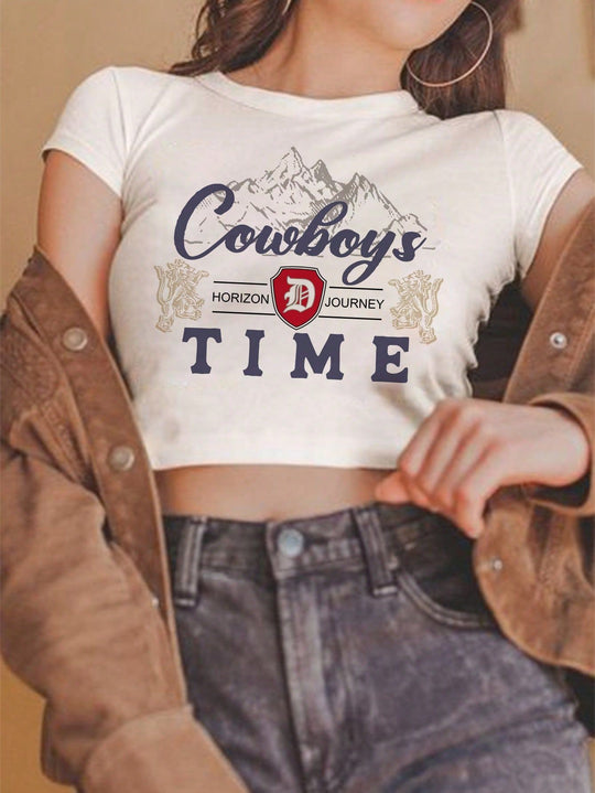 Damen Crop-Top mit kreativem Cowboy-Motiv und lässigem Schnitt EB