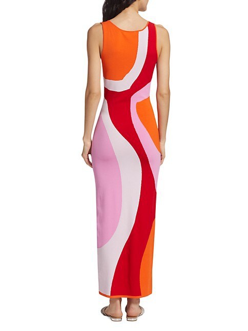 Damen langes figurbetontes Kleid mit quadratischem Ausschnitt und farbenfrohem Muster EB