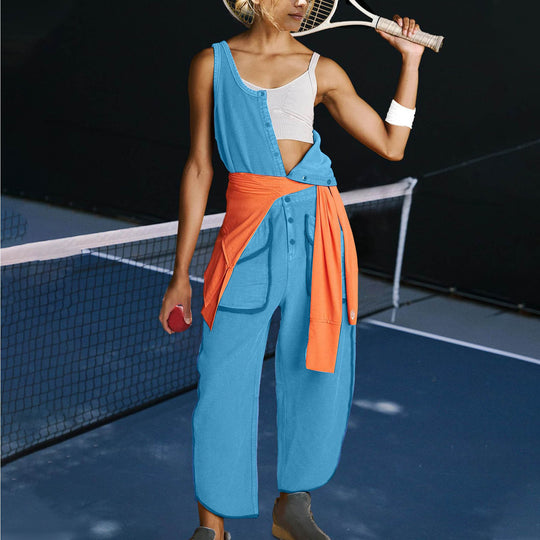 Damen sportlicher Jumpsuit mit asymmetrischem Schnitt und praktischem Knopfdetail EB