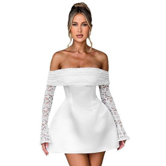 Damen Offshoulder Minikleid mit Spitzenärmeln und taillierter Silhouette EB