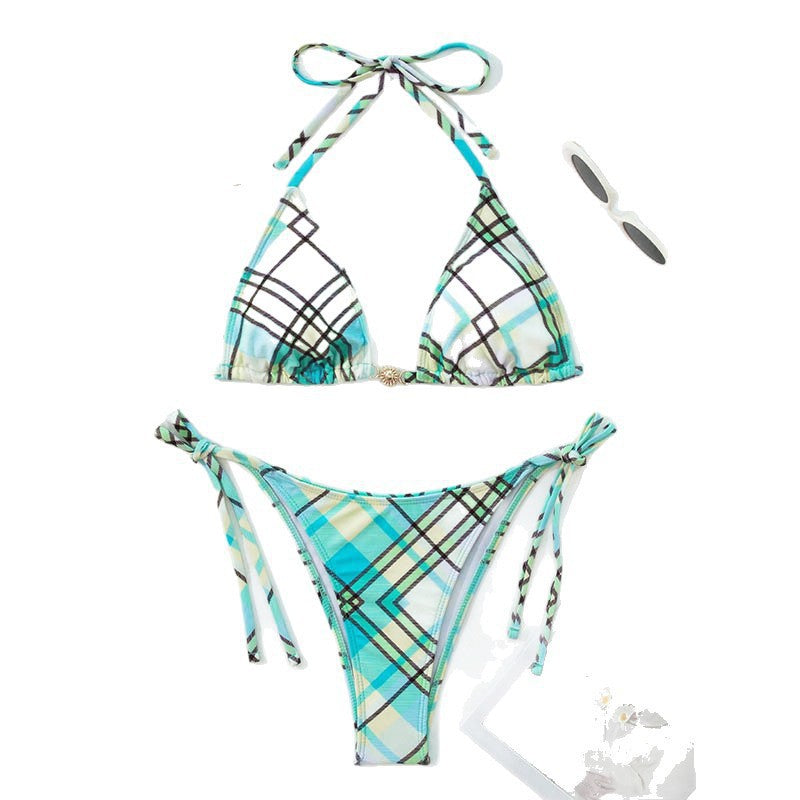 Damen Triangel-Bikini mit verspieltem Karomuster und verstellbaren Trägern EB