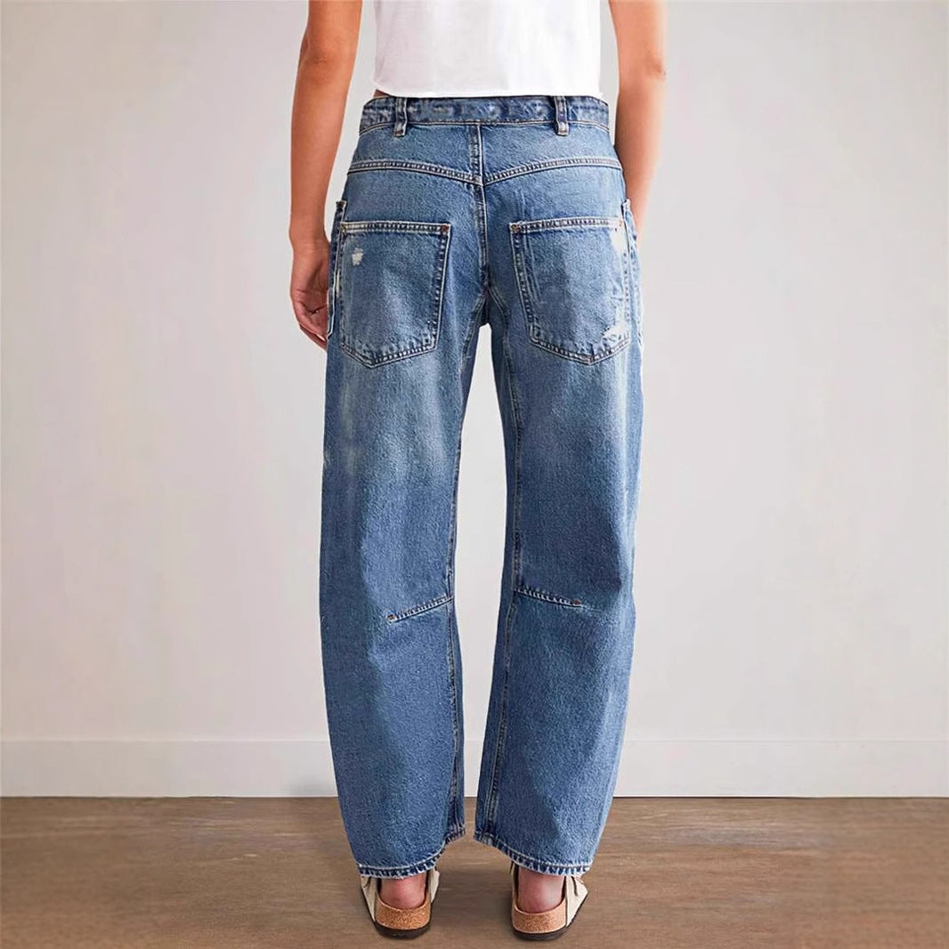 Damen weit geschnittene Jeans mit kreativen Taschen und Destroyed-Details EB