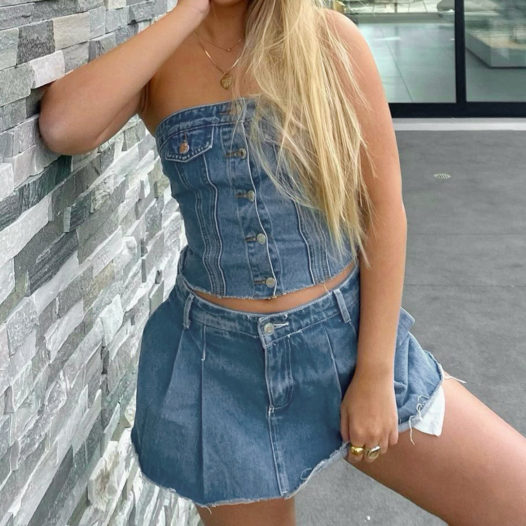 Damen Jeans-Top mit ärmellosem Design und Knopfleiste EB