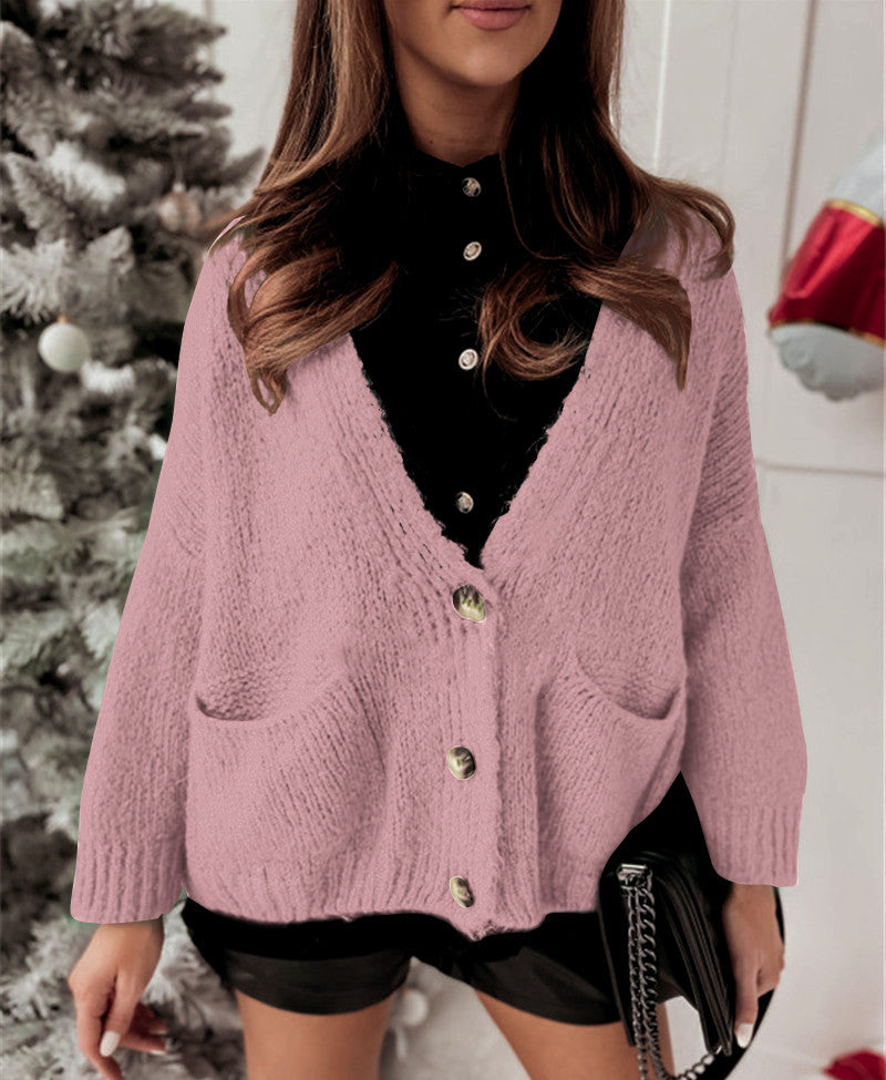 Damen Oversized Strickjacke mit Taschen und Knopfmuster EB