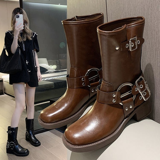 Damen Boots mit modischem Schnallen-Detail und robustem Blockabsatz EB
