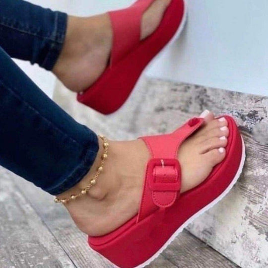 Damen Komfortable Wedge-Pantoletten mit dekorativem Schnallen-Detail EB
