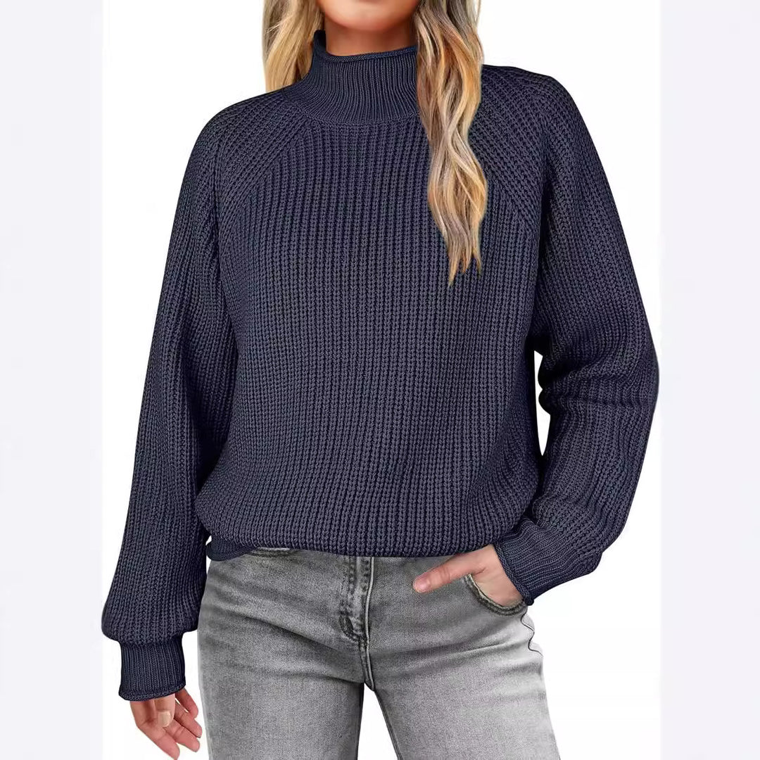 Damen modischer Strickpullover mit hohem Kragen und strukturierter Oberfläche EB