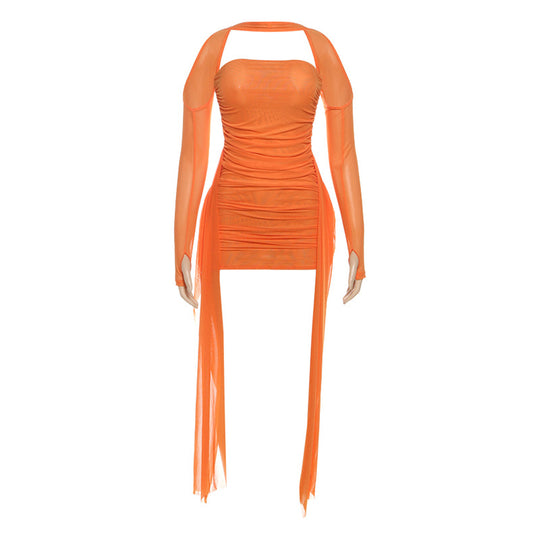 Damen Elegantes Minikleid mit raffinierten Rüschen und transparenten Ärmeln EB