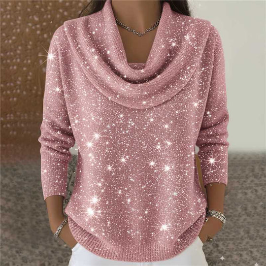Damen nan schimmernder Strickpullover mit Wasserfallkragen, feiner Glitzerstruktur und schmalem Saum EB