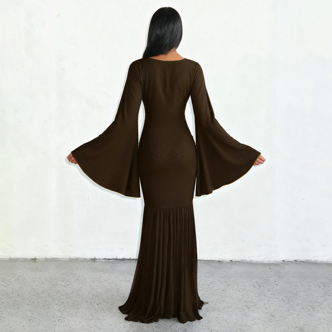 Damen nan gerafftes Maxikleid mit V-Ausschnitt, Trompetenärmeln und Stufenrüsche EB