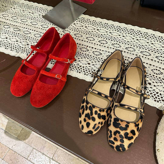 Damen Ballerina mit modischem Leopardenmuster und zweifachem Riemendesign EB