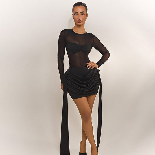 Damen Wickelkleid mit transparenten Ärmeln und eleganter Raffung EB