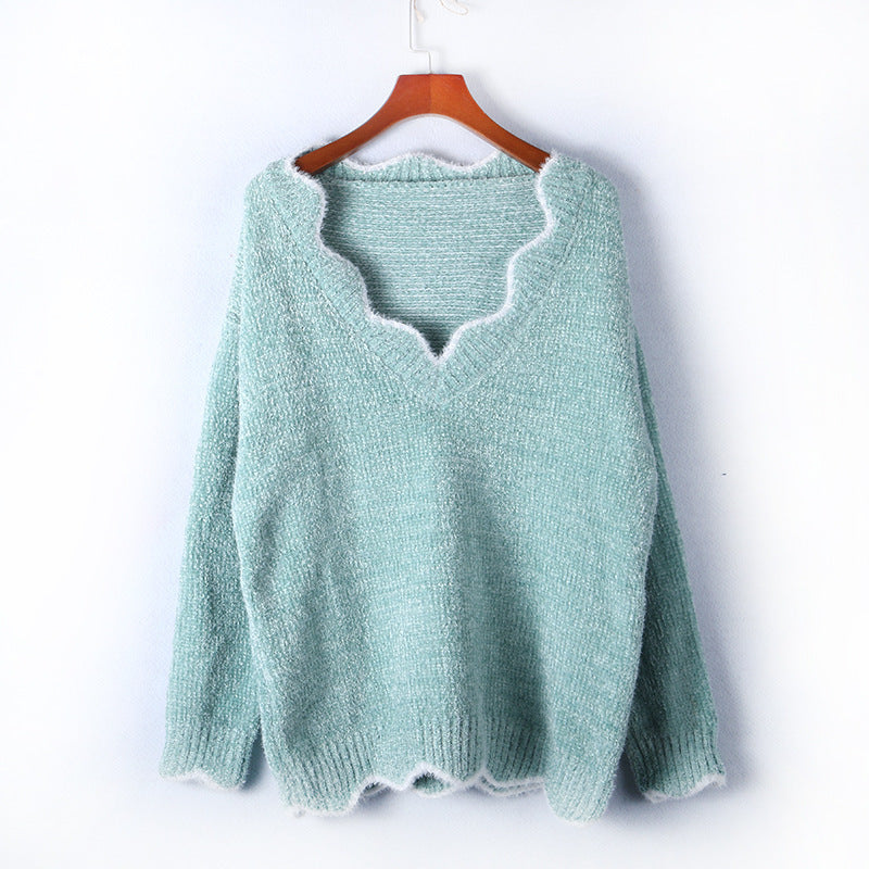 Damen lässiger Strickpullover mit weitem V-Ausschnitt und asymmetrischem Saum EB
