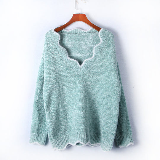 Damen lässiger Strickpullover mit weitem V-Ausschnitt und asymmetrischem Saum EB