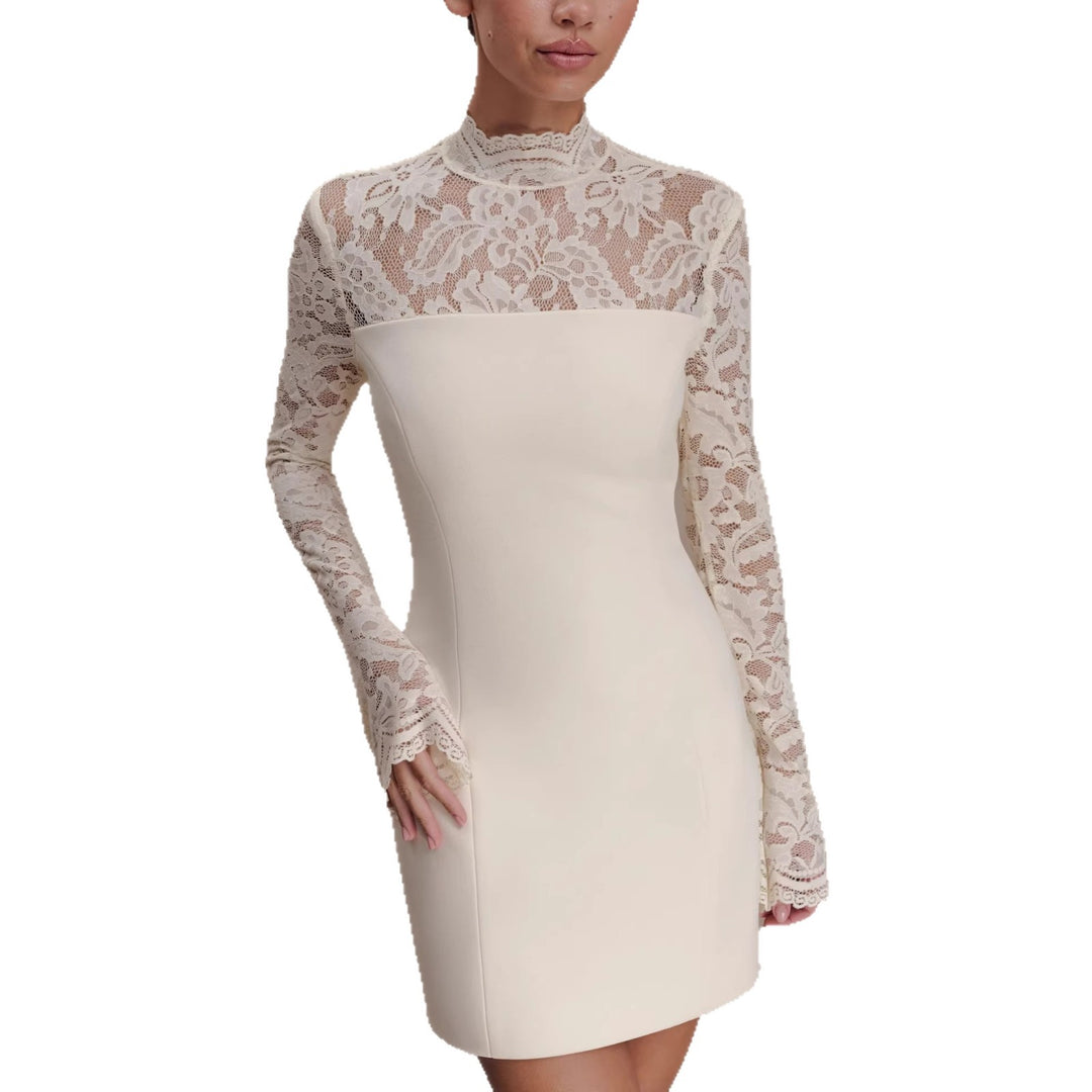 Damen Elegantes Minikleid mit Spitzenoberteil und hochgeschlossenem Kragen EB