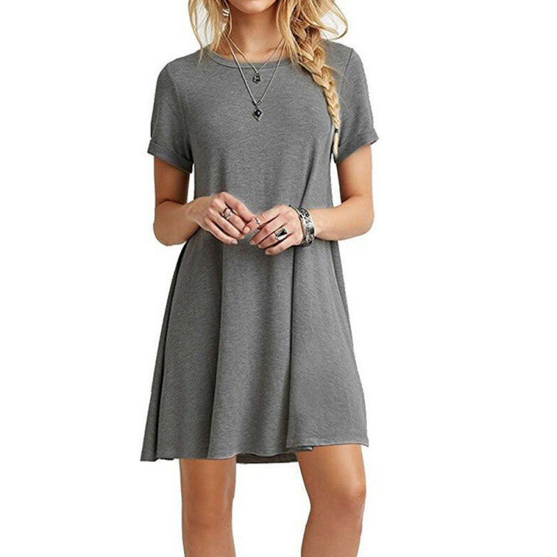 Damen locker fallendes Freizeitkleid mit Rundhalsausschnitt und kurzen Ärmeln EB