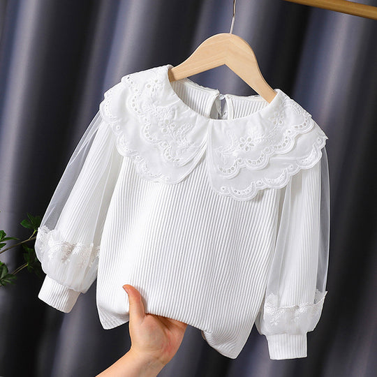 Mädchen modische Bluse mit elegantem Spitzenkragen und Tüllärmeln EB