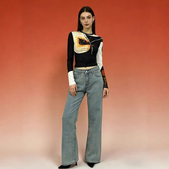 Damen nan hochgeschnittene weich fallende Schlagjeans aus Stretch-Denim mit figurformender Passform EB