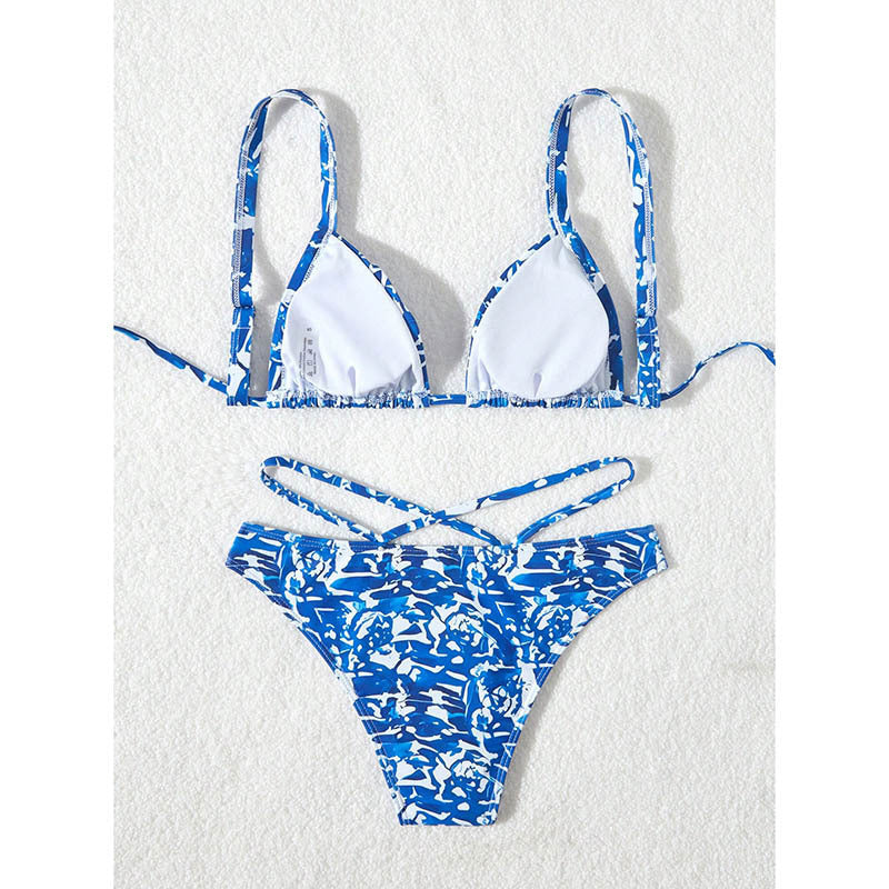 Damen Triangel-Bikini mit kreativem floralem Druck und verstellbaren Schnürdetails EB