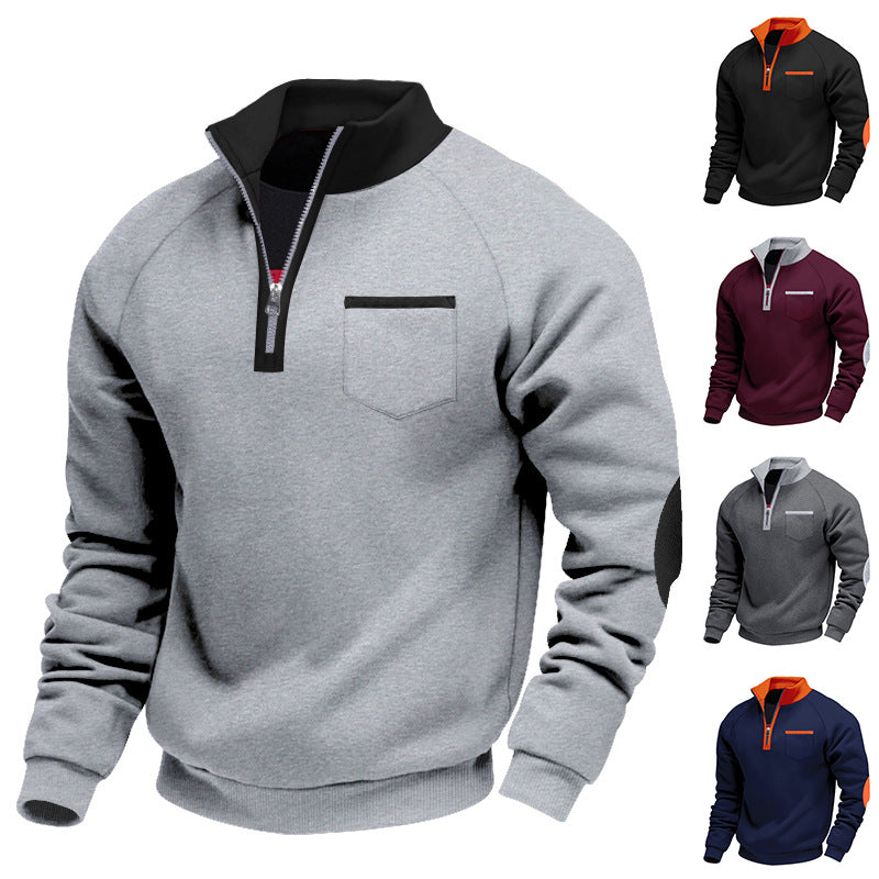 Herren Raglan-Halbzip-Sweatshirt mit Stehkragen, Brusttasche & Ellbogenapplikation EB