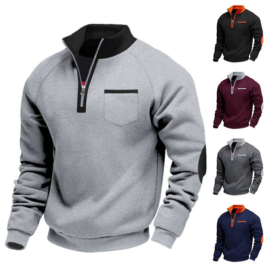 Herren Raglan-Halbzip-Sweatshirt mit Stehkragen, Brusttasche & Ellbogenapplikation EB