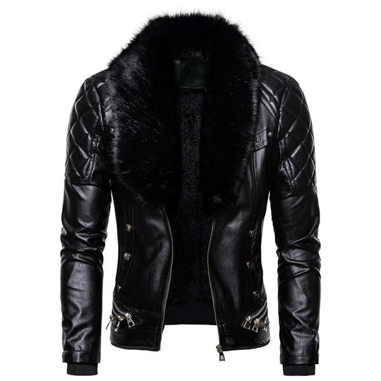 Herren Bikerjacke mit Kunstfellkragen und gesteppten Details EB