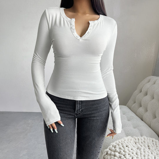 Damen nan tailliertes Henley-Longsleeve mit Stretchjersey und Daumenloch EB