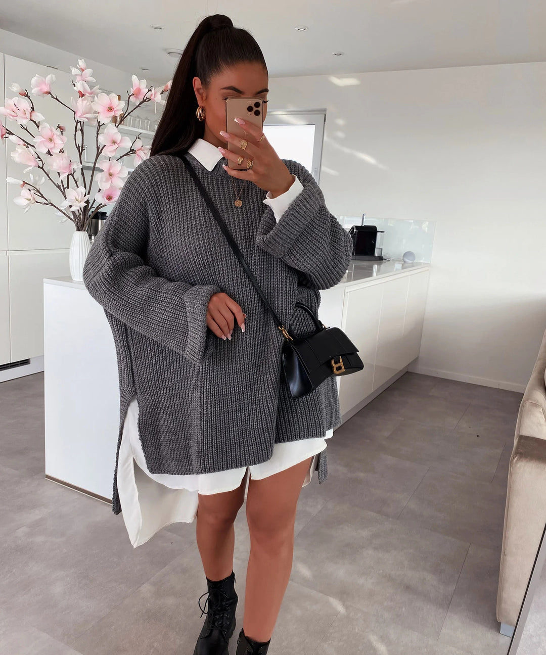 Damen grob gestrickter Oversize-Pullover mit V-Ausschnitt und lässigem Schnitt EB