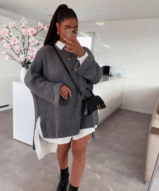 Damen grob gestrickter Oversize-Pullover mit V-Ausschnitt und lässigem Schnitt EB