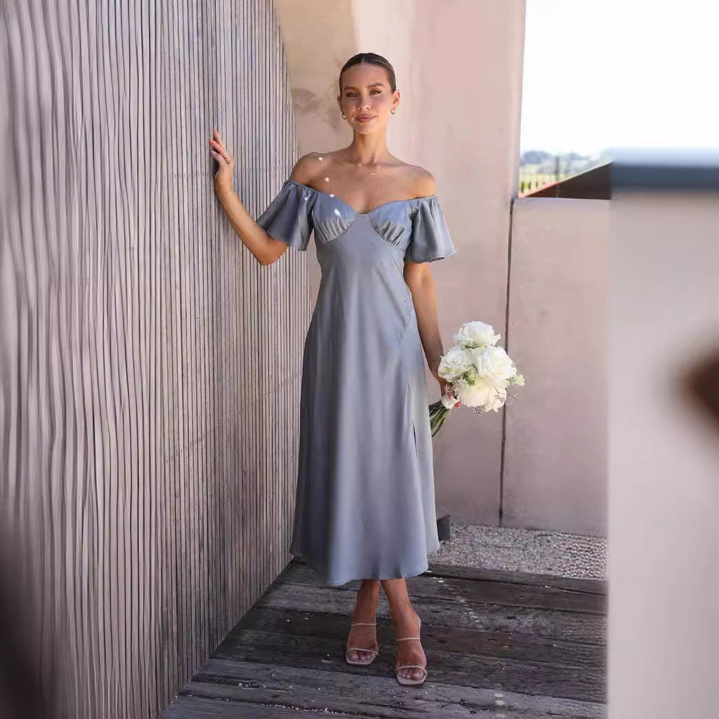 Damen elegantes Off-Shoulder Maxikleid mit seitlichem Schlitz und luftigen Rüschendetails EB