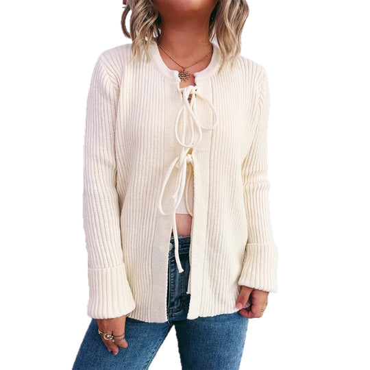 Damen Strickjacke mit dekorativem Schnürdesign und strukturiertem Material EB