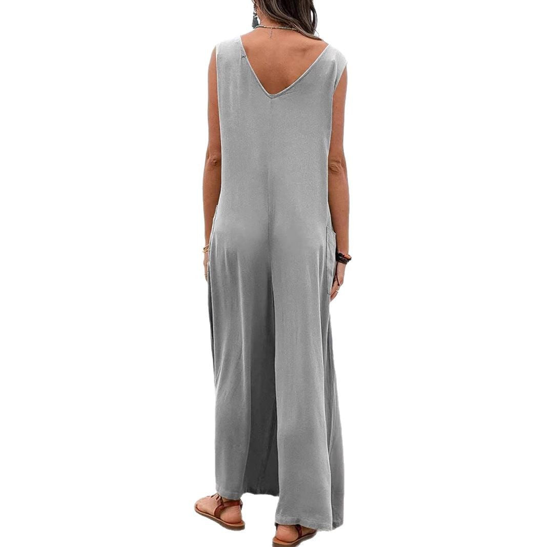 Damen Weit geschnittene Sommer-Jumpsuit mit praktischen Taschen und V-Ausschnitt EB