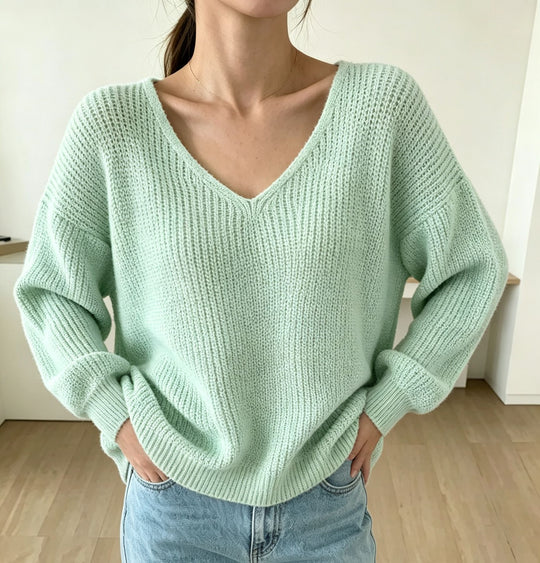 Damen Lässiger Boxy-Grobstrickpullover mit V-Ausschnitt und gerippten Bündchen EB