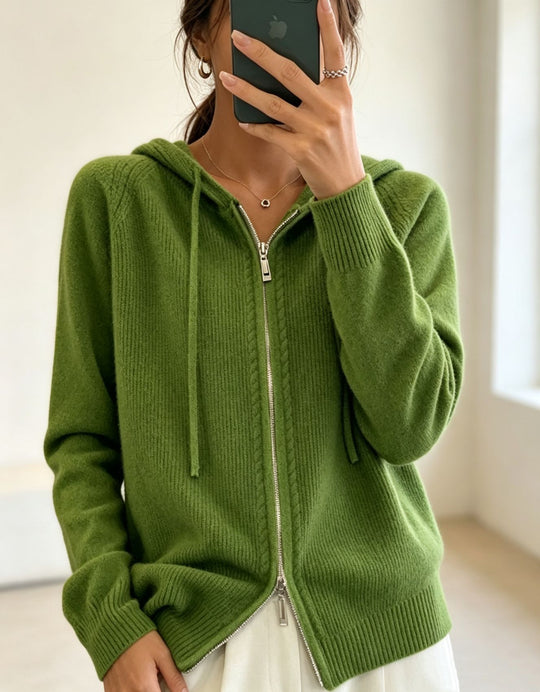 Damen Kapuzen-Cardigan mit Reißverschluss, feinem Feinstrick und gerippten Bündchen EB