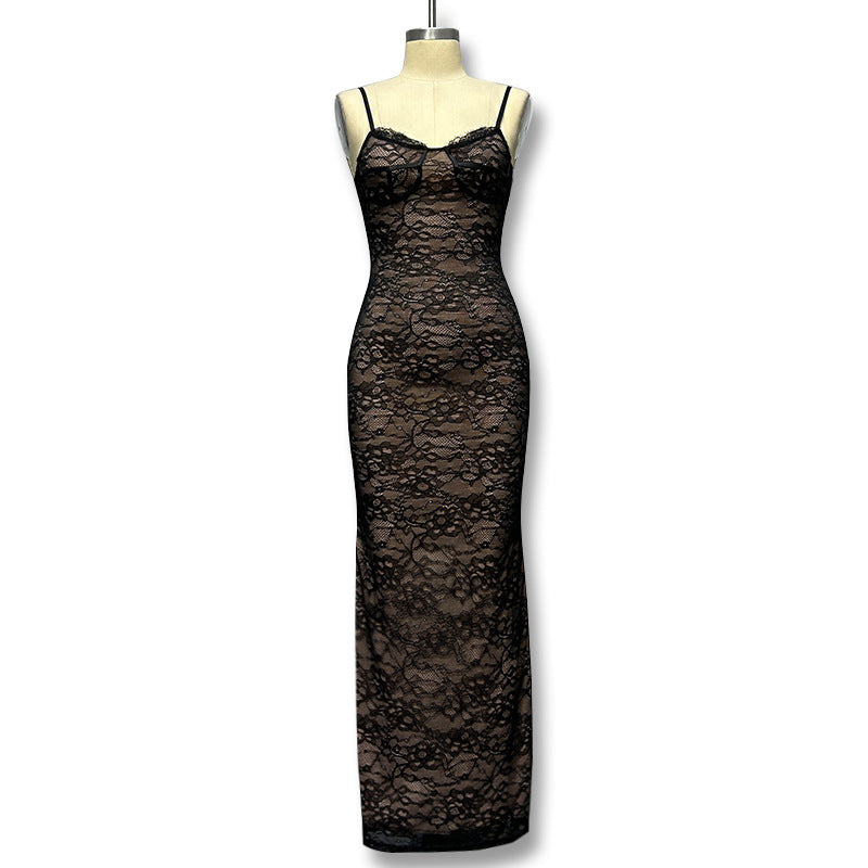 Damen Elegantes Spitzenmaxikleid mit tiefem Ausschnitt und enganliegender Silhouette EB
