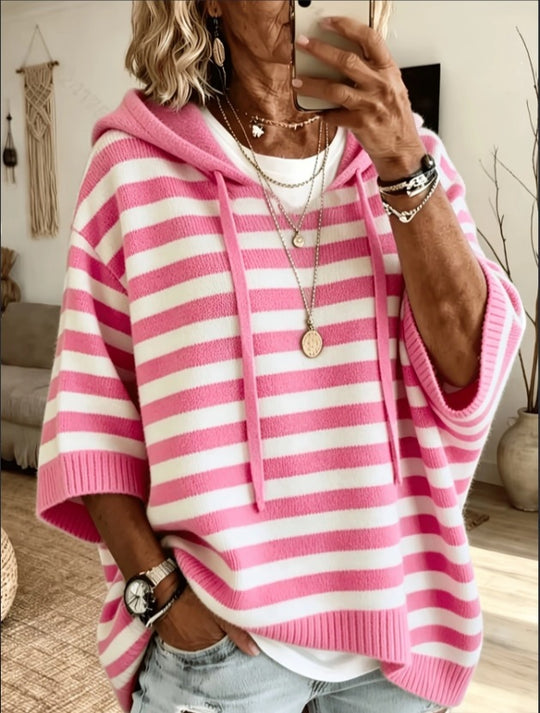 Damen nan Oversize Strickponcho mit Kapuze und kurzen Ärmeln EB